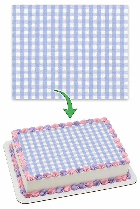 Baby Blue Gingham Checker Print Birthday - Edible 2D Fondant Cake Cupcake Topper For Birthdays and Parties! - D24406
