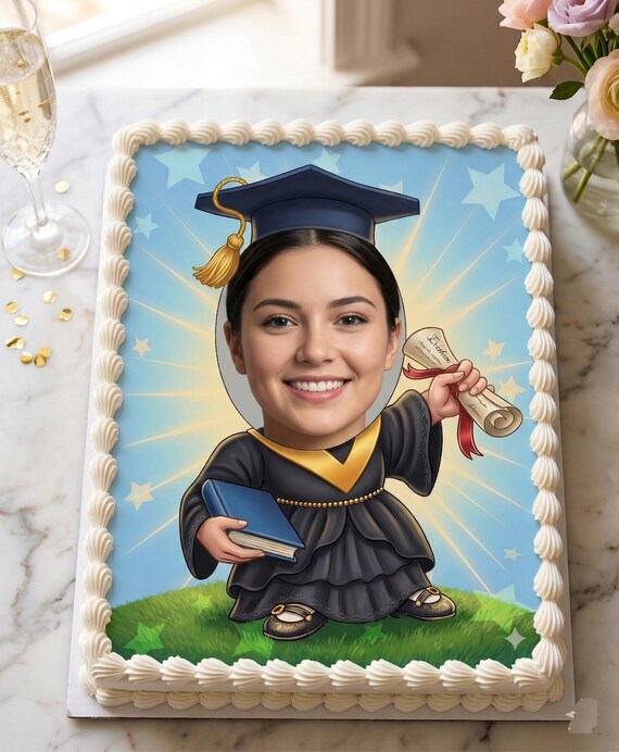Graduation Photo Frame Edible Cake Topper, Your Face on Grad Cap Gown Frosting Sheet Decoration ~ D30051