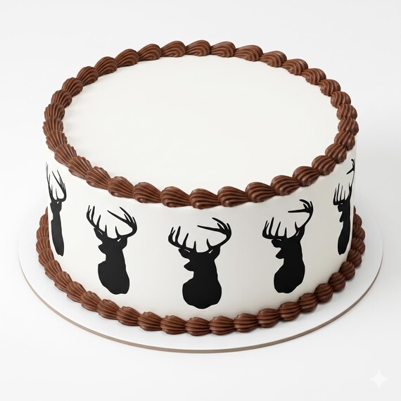Black Deer Head Silhouette Edible Cake Side Strips, Buck Antler Hunting Frosting Sheet Wrap Borders, Rustic Woodland ~ D24686