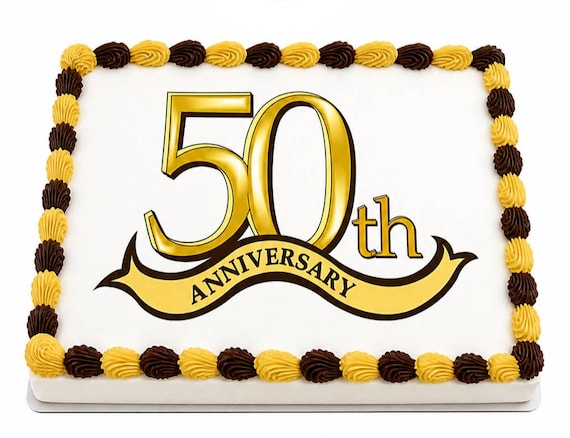 Golden 50th Anniversary Edible Cake Topper, Milestone Party Frosting Sheet Image, Wedding Celebration ~ D495