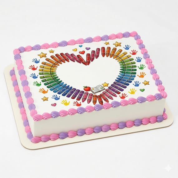 Rainbow Crayon Heart Edible Cake Topper, Teacher School Frosting Sheet D30041