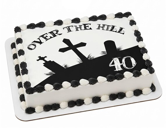 Over the Hill 40 Edible Cake Topper, Funny 40th Birthday Frosting Sheet Image, Graveyard ~ D21814