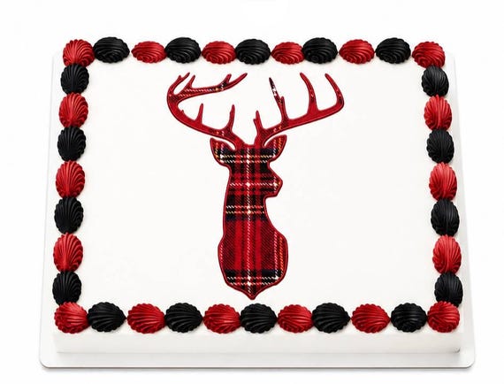 Red Plaid Deer Edible Cake Topper, Rustic Christmas Frosting Sheet Image, Buffalo Check Hunting ~ D1005