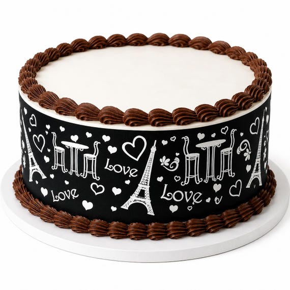 Paris Love Eiffel Tower Edible Cake Side Strips, Black White Heart Cafe Frosting Sheet Wrap Borders, French Romance ~ D1499