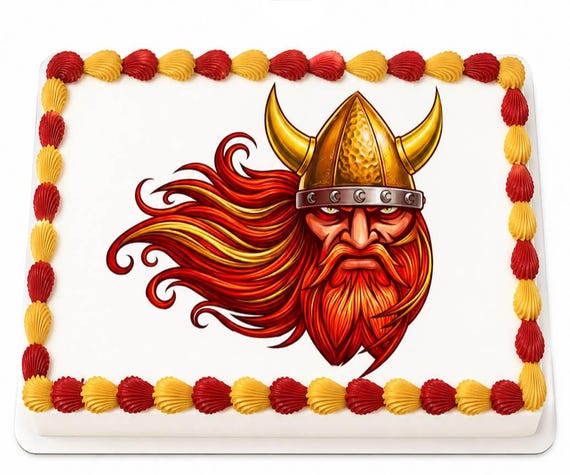 Red Gold Viking Head Mascot Edible Cake Topper, Norse Warrior School Frosting Sheet Image, Fierce ~ D22484