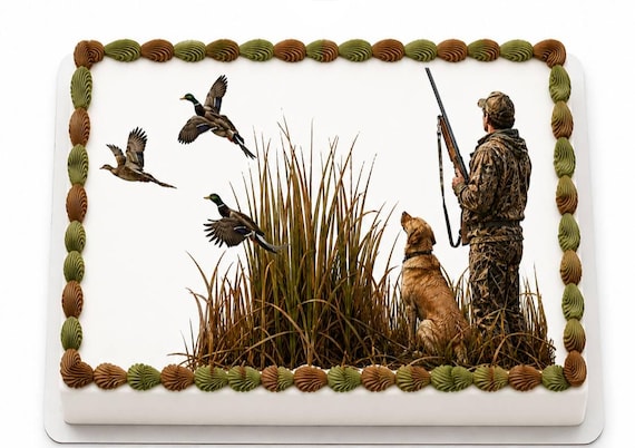 Duck Hunter Dog Edible Cake Topper, Waterfowl Hunting Birthday Frosting Sheet Image ~ D30213