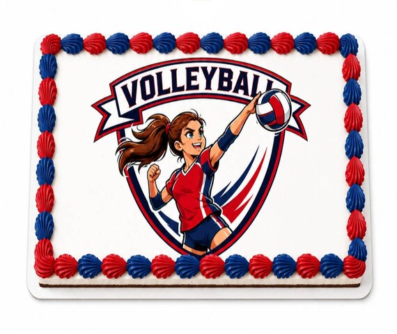 Volleyball Girl Spike Crest Edible Cake Topper, Red Blue Player Serve Frosting Sheet Image, Athletic Team Party ~ D30119