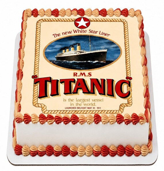 RMS Titanic Launch Poster Edible Cake Topper, White Star Liner Belfast Frosting Sheet Image, Vintage Ship Cruise ~ D24174