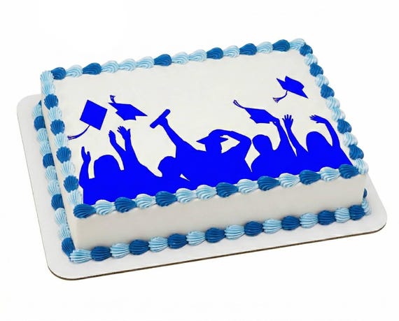 Blue Graduation Cap Toss Silhouette Edible Cake Topper, Grad Celebration Frosting Sheet Decoration ~ D24579