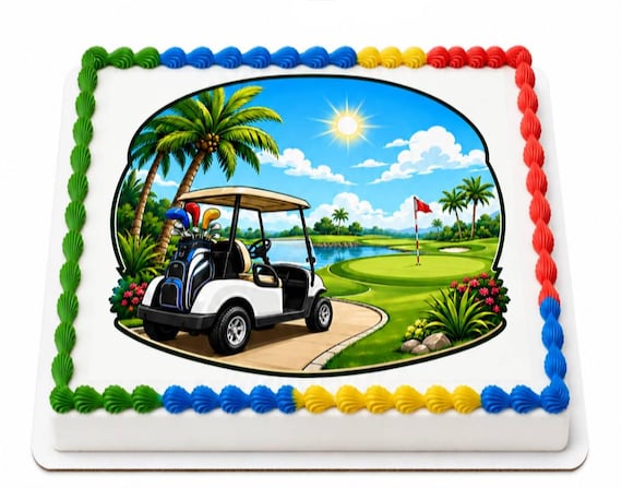 Golf Cart Tropical Course Edible Cake Topper, Golfer Birthday Frosting Sheet Image ~ D30130
