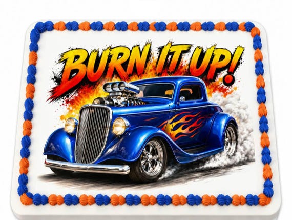 Hot Rod Race Car Edible Cake Topper, Burn It Up Frosting Sheet Image ~ D1347