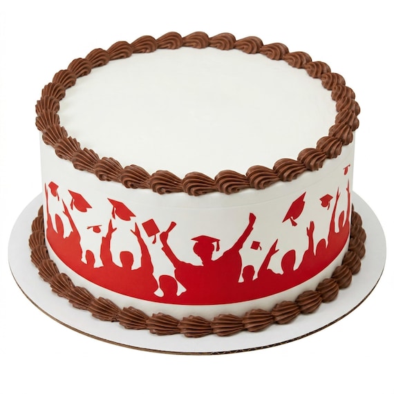 Red Graduation Cap Toss Silhouette Edible Cake Side Strip, Commencement Frosting Sheet Image, Grad Party Decor ~ D24558