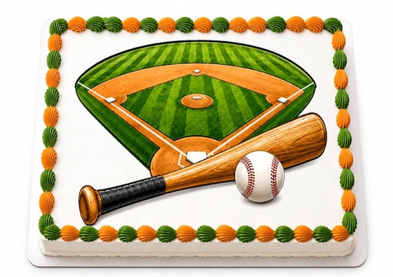Baseball Field Bat Ball Edible Cake Topper, Sports Birthday Frosting Sheet Image ~ D30212