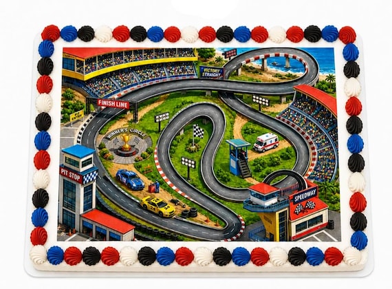 Race Track Edible Cake Topper, Speedway Birthday Frosting Sheet Image ~ D6026