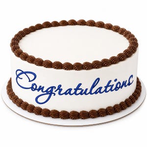 May include: A round cake with smooth white frosting, featuring a dark brown piped icing border along the top and bottom edges. The word Congratulations is written across the center of the side in a blue, cursive, script-style font.