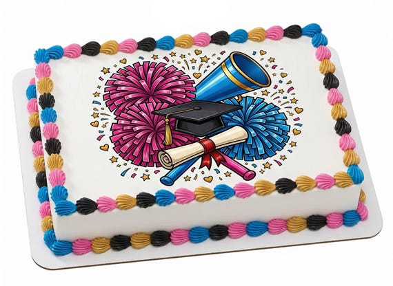 Cheer Graduation Cap Diploma Edible Cake Topper, Sports Grad Celebration Frosting Sheet Decoration ~ D30060