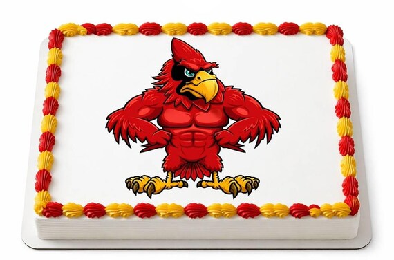 Cardinal Mascot Edible Cake Topper, School Spirit Frosting Sheet Image, Red Gold Muscular Cardinals ~ D922