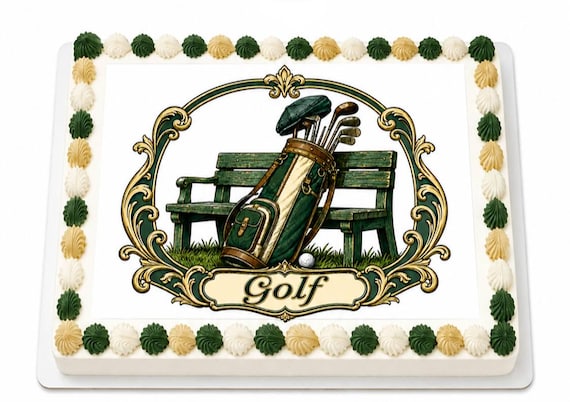 Golf Bag Bench Frame Edible Cake Topper, Golfer Birthday Frosting Sheet Image ~ D30129