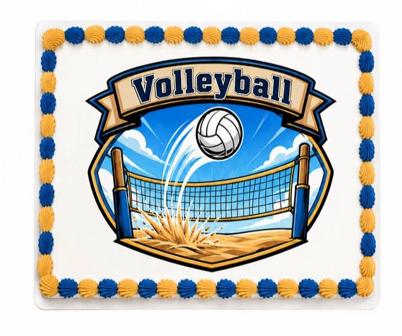 Beach Volleyball Net Crest Edible Cake Topper, Sand Court Blue Sky Frosting Sheet Image, Summer Spike Party ~ D30118