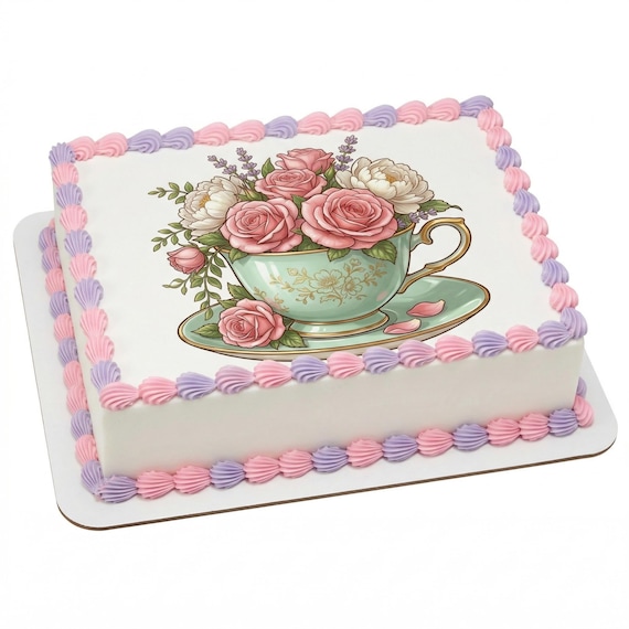 Mother’s Day Teacup Floral Edible Cake Topper, Rose Frosting Sheet D30034