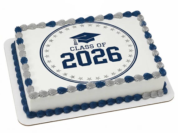 Class Of 2026 Navy Blue Stars Graduation Edible Cake Topper, Commencement Seal Frosting Sheet Image, Grad Party Decor ~ D30017