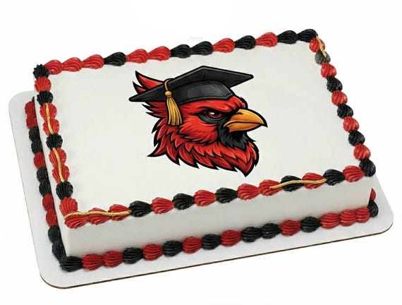 Cardinal Graduation Cap Mascot Edible Cake Topper, Red Black School Spirit Frosting Sheet Image, Grad Party Decor ~ D30019