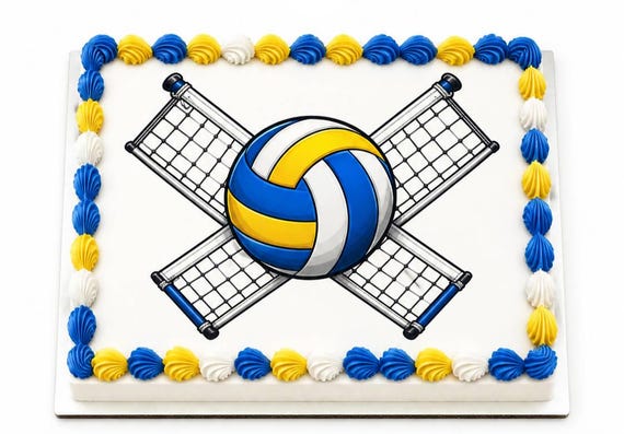 Volleyball Crossed Nets Edible Cake Topper, Blue Yellow Ball Sports Frosting Sheet Image, Team Game Day Party ~ D30113