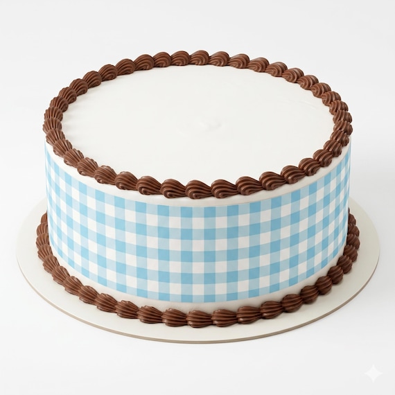 Blue Gingham Edible Cake Side Strip, Blue White Plaid Frosting Sheet Decoration ~ D22792
