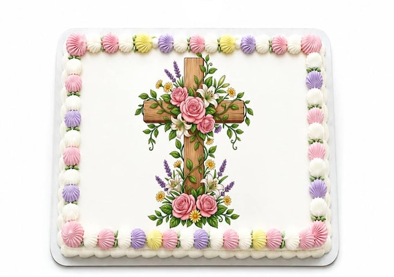 Floral Cross Edible Cake Topper, Baptism Easter Frosting Sheet Image ~ D30023