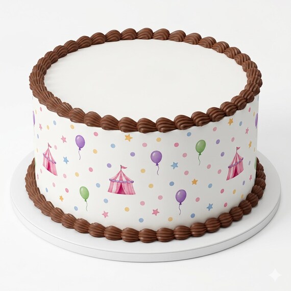 Pastel Circus Tent Confetti Edible Cake Side Strips, Balloon Star Dot Frosting Sheet Wrap Borders, Carnival Party ~ D30099