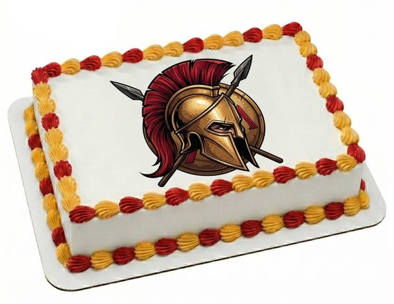 Spartan Helmet Edible Cake Topper, School Spirit Frosting Sheet Image, Red Gold Spartan Shield ~ D30078