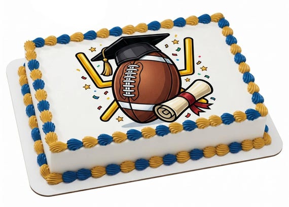 Football Graduation Cap Diploma Edible Cake Topper, Sports Grad Celebration Frosting Sheet Decoration ~ D30052