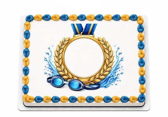Swim Medal Goggles Edible Cake Topper, Champion Swimmer Frosting Sheet Image, Blue Gold Award ~ D30205