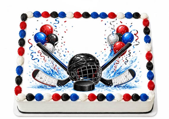 Hockey Edible Cake Topper, Red Blue Sports Birthday Frosting Sheet Image ~ D30216