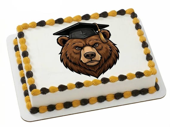 Bear Graduation Cap Mascot Edible Cake Topper, Brown Gold School Spirit Frosting Sheet Image, Grad Party Decor ~ D30014