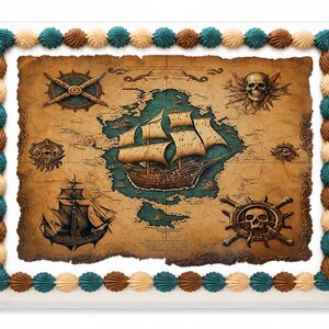 Pirate Treasure Map Edible Cake Topper, Birthday Frosting Sheet Image, Nautical Ship Skull ~ D24789
