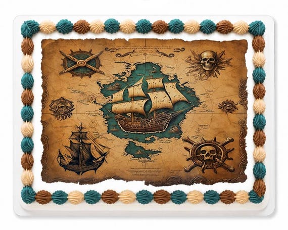 Pirate Treasure Map Edible Cake Topper, Birthday Frosting Sheet Image, Nautical Ship Skull ~ D24789