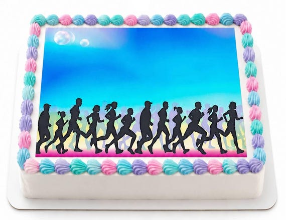 Runners Silhouette Edible Cake Topper, Marathon Race Jogger Frosting Sheet Image, Colorful Sunset Track Party ~ D809