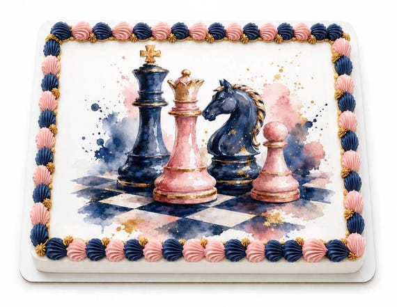 Pink Navy Watercolor Chess Pieces Edible Cake Topper, Elegant Birthday Frosting Sheet ~ D30248