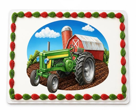 Farm Tractor Barn Edible Cake Topper, Country Birthday Frosting Sheet Image ~ D815
