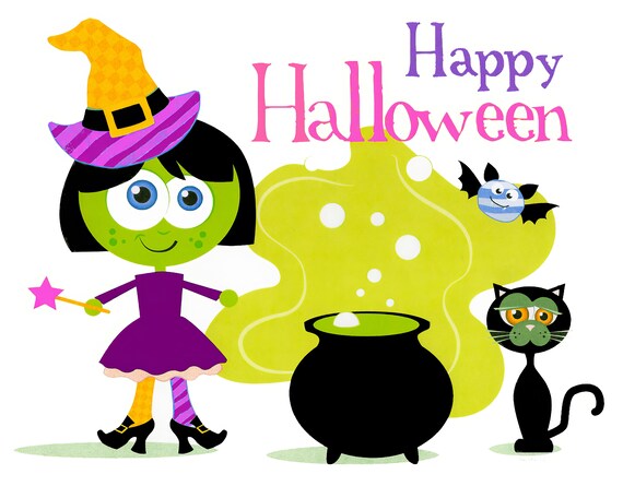 Happy Halloween Witch, Cauldron, Black Cat ~ Edible 2D Fondant Birthday Cake/Cupcake Topper ~ D24187