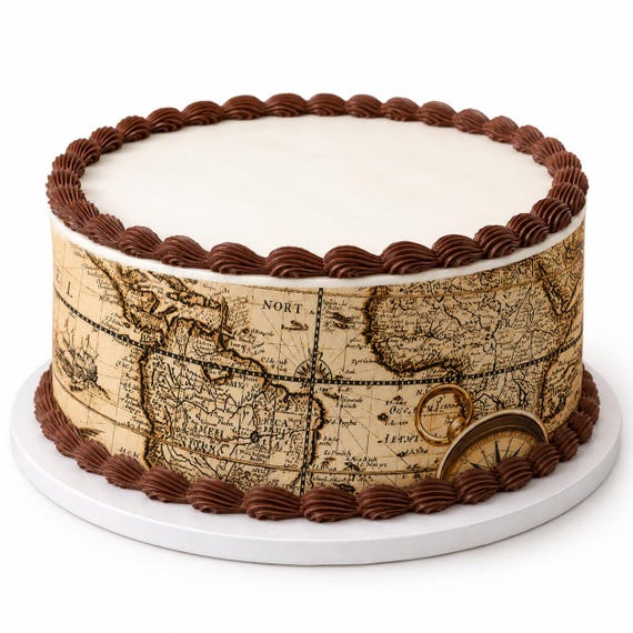 Old World Map Edible Cake Side Strip, Vintage Compass Travel Frosting Sheet Decoration ~ D22410