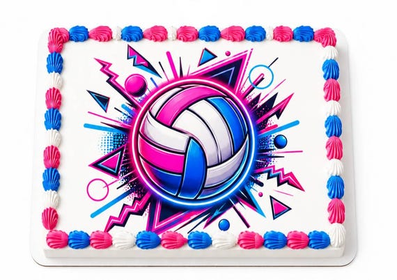 Neon Volleyball Explosion Edible Cake Topper, Pink Blue Pop Art Frosting Sheet Image, Retro Burst Sports Party ~ D30114