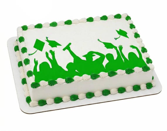 Green Graduation Silhouette Edible Cake Topper, Cap Toss Celebration Frosting Sheet Image, Class Party Decor ~ D24578