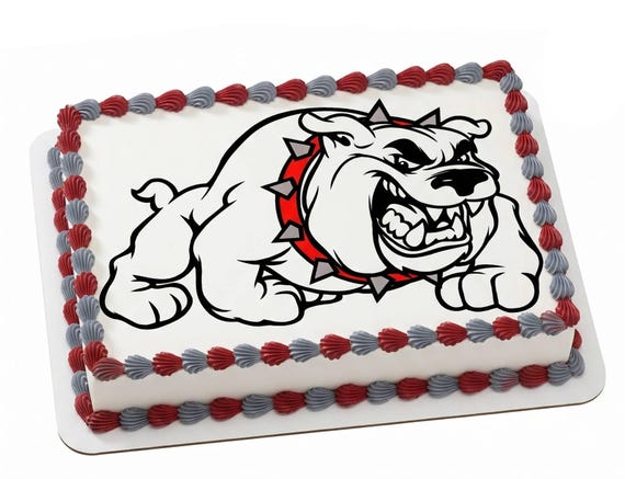 White Bulldog Mascot Edible Cake Topper, School Spirit Frosting Sheet Image, Red Gray Sports Team ~ D839