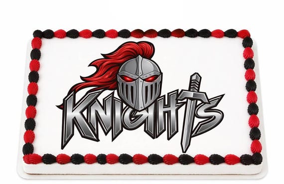 Knights Mascot Edible Cake Topper, School Spirit Frosting Sheet Image, Red Silver Knights Logo ~ D936