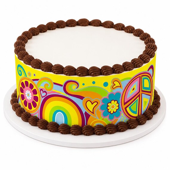 Groovy Peace Sign Flower Edible Cake Side Strips, Retro Hippie Psychedelic Frosting Sheet Wrap Borders, Colorful ~ D20196