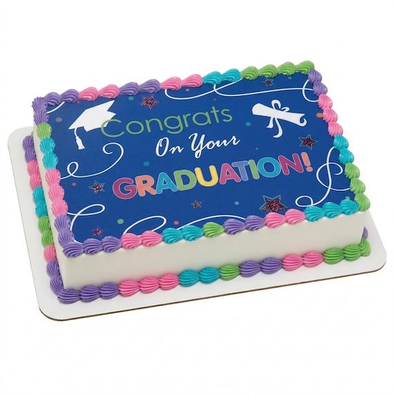 Congrats On Your Graduation Colorful Edible Cake Topper, Blue Rainbow Grad Frosting Sheet Decoration ~ D1376