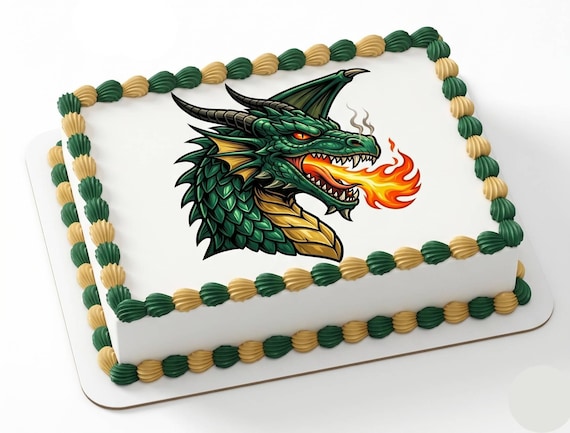 Dragon Mascot Edible Cake Topper, School Spirit Frosting Sheet Image, Green Gold Dragons Sports ~ D30083