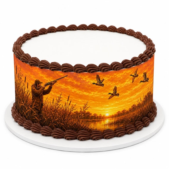 Duck Hunting Fishing Birthday Edible Cake Side Strip, Outdoor Sunset Frosting Sheet Decoration ~ D30173